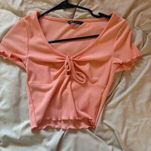 SHEIN Coral Pink Ribbed Tie-Front Crop Top